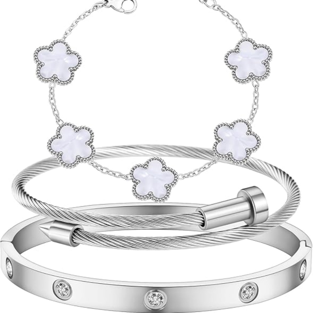 Silver Stainless Steel 3 pcs Women’s Stylish Bangle Bracelets Set